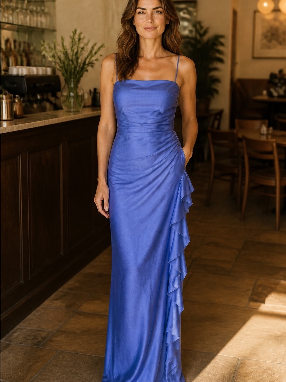 Emerald Sundae Cobalt Blue Satin Ruffle Maxi Dress slit on the side $99 retail
